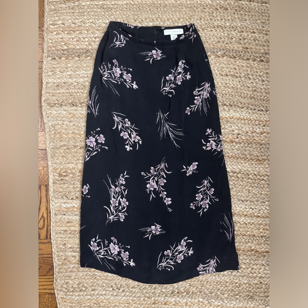 VINTAGE Petite Sophisticate Black and Purple Floral Midi Skirt